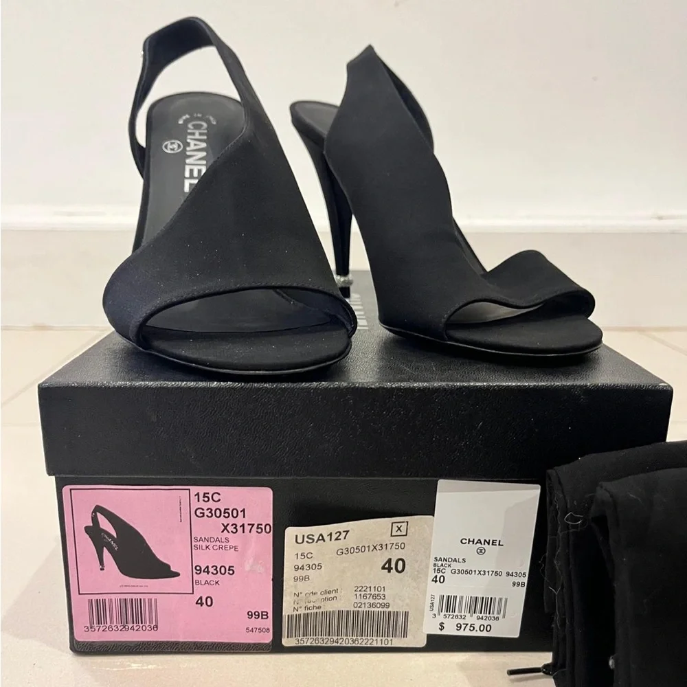 CHANEL Black Satin Slingback Peep-Toe Heels with Crystal CC Accent